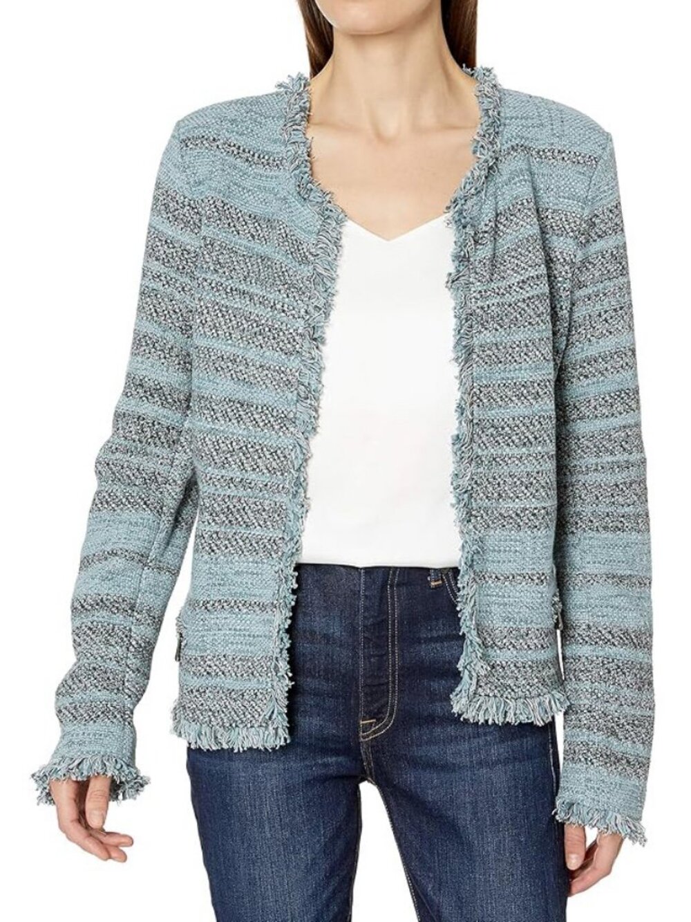 NIC+ZOE Womens Tweed Fringe Open-Front Blazer blue Green, Size M
